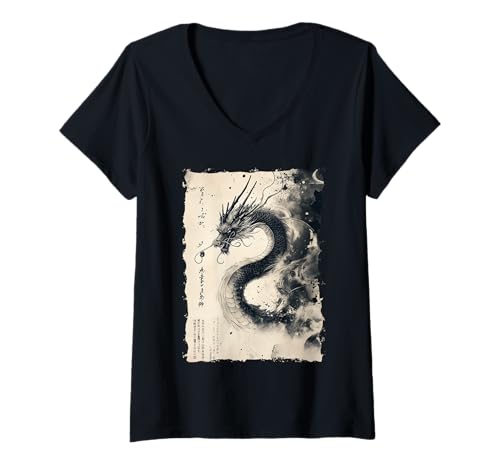 Damen Tinten-Drache Asiatische Kunst Mythisches Tier T-Shirt mit V-Ausschnitt Damen Tinten-Drache Asiatische Kunst Mythisches Tier T-Shirt mit V-Ausschnitt von Kanji-Kalligraphie Geschenk Tattoo Ästhetik