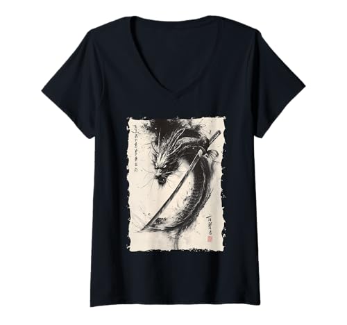 Damen Tinten-Drache Asiatische Kunst Mythisches Tier T-Shirt mit V-Ausschnitt Damen Tinten-Drache Asiatische Kunst Mythisches Tier T-Shirt mit V-Ausschnitt von Kanji-Kalligraphie Geschenk Tattoo Ästhetik