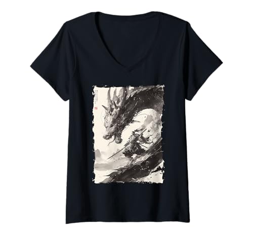Damen Tinten-Drache Asiatische Kunst Mythisches Tier T-Shirt mit V-Ausschnitt Damen Tinten-Drache Asiatische Kunst Mythisches Tier T-Shirt mit V-Ausschnitt von Kanji-Kalligraphie Geschenk Tattoo Ästhetik