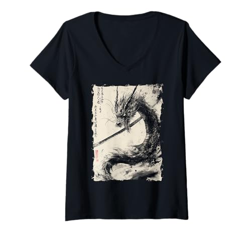Damen Tinten-Drache Asiatische Kunst Mythisches Tier T-Shirt mit V-Ausschnitt Damen Tinten-Drache Asiatische Kunst Mythisches Tier T-Shirt mit V-Ausschnitt von Kanji-Kalligraphie Geschenk Tattoo Ästhetik