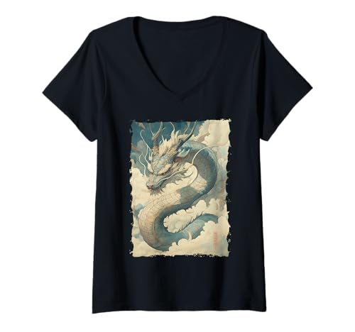 Damen Tinten-Drache Asiatische Kunst Mythisches Tier T-Shirt mit V-Ausschnitt Damen Tinten-Drache Asiatische Kunst Mythisches Tier T-Shirt mit V-Ausschnitt von Kanji-Kalligraphie Geschenk Tattoo Ästhetik