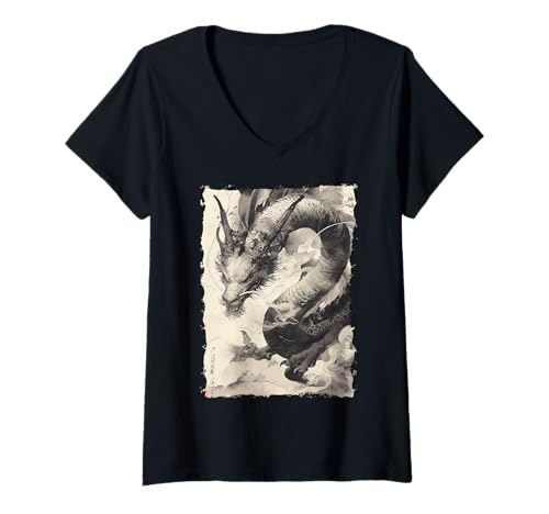 Damen Tinten-Drache Asiatische Kunst Mythisches Tier T-Shirt mit V-Ausschnitt Damen Tinten-Drache Asiatische Kunst Mythisches Tier T-Shirt mit V-Ausschnitt von Kanji-Kalligraphie Geschenk Tattoo Ästhetik