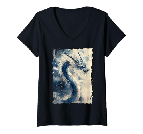 Damen Tinten-Drache Asiatische Kunst Mythisches Tier T-Shirt mit V-Ausschnitt Damen Tinten-Drache Asiatische Kunst Mythisches Tier T-Shirt mit V-Ausschnitt von Kanji-Kalligraphie Geschenk Tattoo Ästhetik