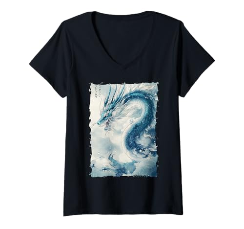 Damen Tinten-Drache Asiatische Kunst Mythisches Tier T-Shirt mit V-Ausschnitt Damen Tinten-Drache Asiatische Kunst Mythisches Tier T-Shirt mit V-Ausschnitt von Kanji-Kalligraphie Geschenk Tattoo Ästhetik