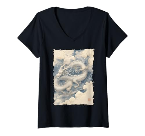 Damen Tinten-Drache Asiatische Kunst Mythisches Tier T-Shirt mit V-Ausschnitt Damen Tinten-Drache Asiatische Kunst Mythisches Tier T-Shirt mit V-Ausschnitt von Kanji-Kalligraphie Geschenk Tattoo Ästhetik