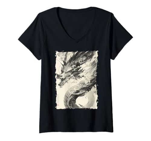 Damen Tinten-Drache Asiatische Kunst Mythisches Tier T-Shirt mit V-Ausschnitt Damen Tinten-Drache Asiatische Kunst Mythisches Tier T-Shirt mit V-Ausschnitt von Kanji-Kalligraphie Geschenk Tattoo Ästhetik