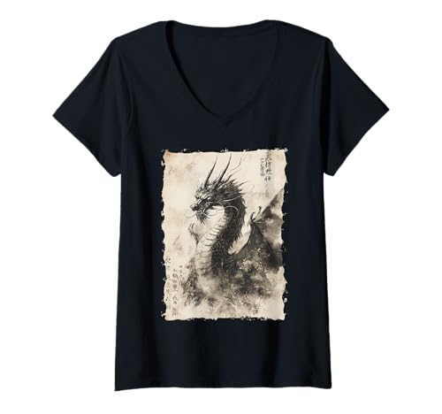 Damen Tinten-Drache Asiatische Kunst Mythisches Tier T-Shirt mit V-Ausschnitt Damen Tinten-Drache Asiatische Kunst Mythisches Tier T-Shirt mit V-Ausschnitt von Kanji-Kalligraphie Geschenk Tattoo Ästhetik