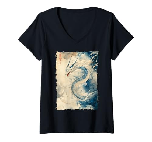 Damen Tinten-Drache Asiatische Kunst Mythisches Tier T-Shirt mit V-Ausschnitt Damen Tinten-Drache Asiatische Kunst Mythisches Tier T-Shirt mit V-Ausschnitt von Kanji-Kalligraphie Geschenk Tattoo Ästhetik