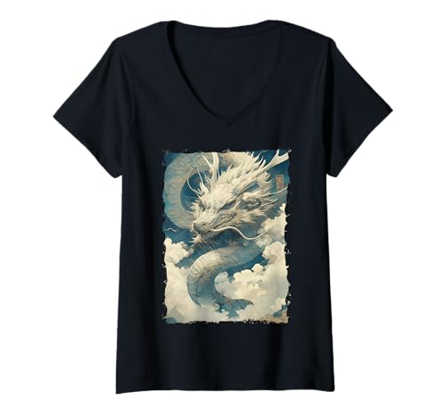 Damen Tinten-Drache Asiatische Kunst Mythisches Tier T-Shirt mit V-Ausschnitt von Kanji-Kalligraphie Geschenk Tattoo Ästhetik