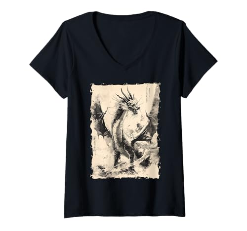 Damen Tinten-Drache Asiatische Kunst Mythisches Tier T-Shirt mit V-Ausschnitt Damen Tinten-Drache Asiatische Kunst Mythisches Tier T-Shirt mit V-Ausschnitt von Kanji-Kalligraphie Geschenk Tattoo Ästhetik