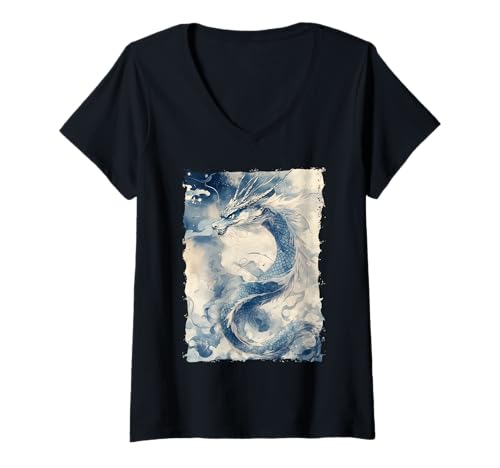 Damen Tinten-Drache Asiatische Kunst Mythisches Tier T-Shirt mit V-Ausschnitt Damen Tinten-Drache Asiatische Kunst Mythisches Tier T-Shirt mit V-Ausschnitt von Kanji-Kalligraphie Geschenk Tattoo Ästhetik