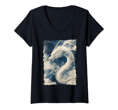 Damen Tinten-Drache Asiatische Kunst Mythisches Tier T-Shirt mit V-Ausschnitt Damen Tinten-Drache Asiatische Kunst Mythisches Tier T-Shirt mit V-Ausschnitt von Kanji-Kalligraphie Geschenk Tattoo Ästhetik