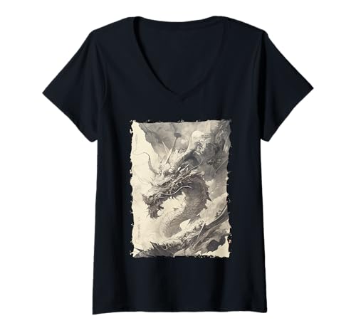 Damen Tinten-Drache Asiatische Kunst Mythisches Tier T-Shirt mit V-Ausschnitt Damen Tinten-Drache Asiatische Kunst Mythisches Tier T-Shirt mit V-Ausschnitt von Kanji-Kalligraphie Geschenk Tattoo Ästhetik