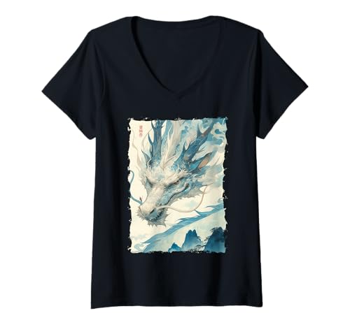 Damen Tinten-Drache Asiatische Kunst Mythisches Tier T-Shirt mit V-Ausschnitt Damen Tinten-Drache Asiatische Kunst Mythisches Tier T-Shirt mit V-Ausschnitt von Kanji-Kalligraphie Geschenk Tattoo Ästhetik