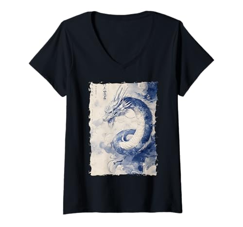 Damen Tinten-Drache Asiatische Kunst Mythisches Tier T-Shirt mit V-Ausschnitt Damen Tinten-Drache Asiatische Kunst Mythisches Tier T-Shirt mit V-Ausschnitt von Kanji-Kalligraphie Geschenk Tattoo Ästhetik