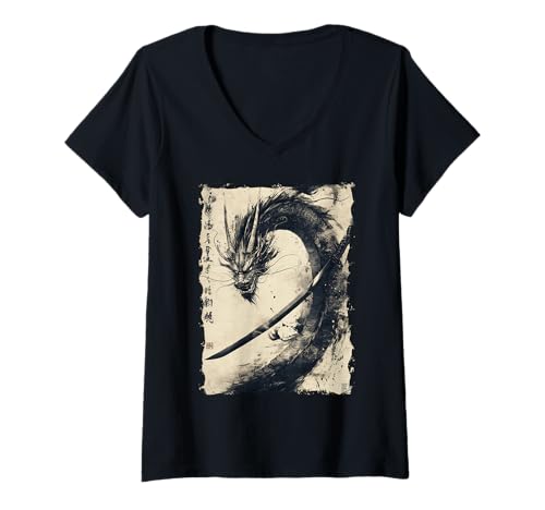 Damen Tinten-Drache Asiatische Kunst Mythisches Tier T-Shirt mit V-Ausschnitt Damen Tinten-Drache Asiatische Kunst Mythisches Tier T-Shirt mit V-Ausschnitt von Kanji-Kalligraphie Geschenk Tattoo Ästhetik