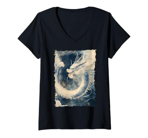 Damen Tinten-Drache Asiatische Kunst Mythisches Tier T-Shirt mit V-Ausschnitt Damen Tinten-Drache Asiatische Kunst Mythisches Tier T-Shirt mit V-Ausschnitt von Kanji-Kalligraphie Geschenk Tattoo Ästhetik
