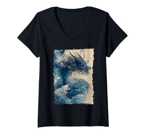 Damen Yokai-Legende Japanischer Drachen-Tattoo-Mythos T-Shirt mit V-Ausschnitt Damen Yokai-Legende Japanischer Drachen-Tattoo-Mythos T-Shirt mit V-Ausschnitt von Kanji Orientalischer Tintenstil Geschenk Oni
