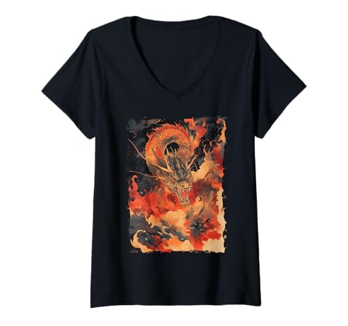 Damen Yokai-Legende Japanischer Drachen-Tattoo-Mythos T-Shirt mit V-Ausschnitt Damen Yokai-Legende Japanischer Drachen-Tattoo-Mythos T-Shirt mit V-Ausschnitt von Kanji Orientalischer Tintenstil Geschenk Oni