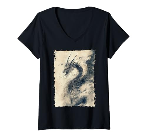 Damen Yokai-Legende Japanischer Drachen-Tattoo-Mythos T-Shirt mit V-Ausschnitt Damen Yokai-Legende Japanischer Drachen-Tattoo-Mythos T-Shirt mit V-Ausschnitt von Kanji Orientalischer Tintenstil Geschenk Oni