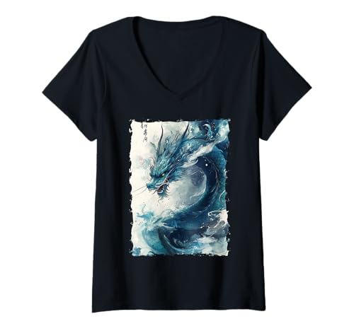 Damen Yokai-Legende Japanischer Drachen-Tattoo-Mythos T-Shirt mit V-Ausschnitt Damen Yokai-Legende Japanischer Drachen-Tattoo-Mythos T-Shirt mit V-Ausschnitt von Kanji Orientalischer Tintenstil Geschenk Oni