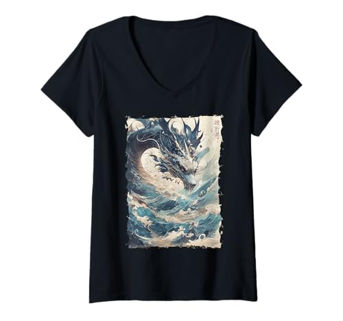 Damen Yokai-Legende Japanischer Drachen-Tattoo-Mythos T-Shirt mit V-Ausschnitt Damen Yokai-Legende Japanischer Drachen-Tattoo-Mythos T-Shirt mit V-Ausschnitt von Kanji Orientalischer Tintenstil Geschenk Oni