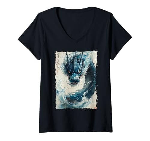 Damen Yokai-Legende Japanischer Drachen-Tattoo-Mythos T-Shirt mit V-Ausschnitt Damen Yokai-Legende Japanischer Drachen-Tattoo-Mythos T-Shirt mit V-Ausschnitt von Kanji Orientalischer Tintenstil Geschenk Oni