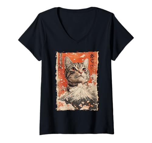 Damen Fuji-Katze in Japan mit Kawaii Sonnenuntergang – Chill Zen T-Shirt mit V-Ausschnitt von Kanji Süßes Schlaf-Tier-Geschenk In Tokio