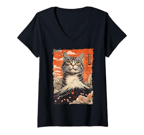 Damen Fuji-Katze in Japan mit Kawaii Sonnenuntergang – Chill Zen T-Shirt mit V-Ausschnitt Damen Fuji-Katze in Japan mit Kawaii Sonnenuntergang – Chill Zen T-Shirt mit V-Ausschnitt von Kanji Süßes Schlaf-Tier-Geschenk In Tokio