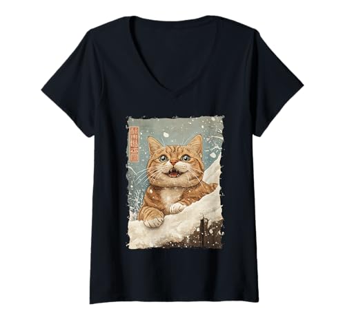 Damen Fuji-Katze in Japan mit Kawaii Sonnenuntergang – Chill Zen T-Shirt mit V-Ausschnitt von Kanji Süßes Schlaf-Tier-Geschenk In Tokio