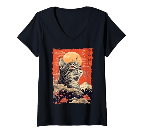 Damen Fuji-Katze in Japan mit Kawaii Sonnenuntergang – Chill Zen T-Shirt mit V-Ausschnitt von Kanji Süßes Schlaf-Tier-Geschenk In Tokio