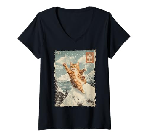 Damen Fuji-Katze in Japan mit Kawaii Sonnenuntergang – Chill Zen T-Shirt mit V-Ausschnitt von Kanji Süßes Schlaf-Tier-Geschenk In Tokio