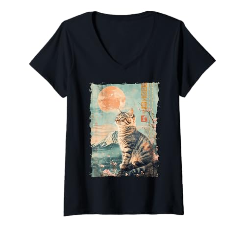 Damen Fuji-Katze in Japan mit Kawaii Sonnenuntergang – Chill Zen T-Shirt mit V-Ausschnitt von Kanji Süßes Schlaf-Tier-Geschenk In Tokio