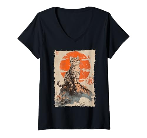 Damen Fuji-Katze in Japan mit Kawaii Sonnenuntergang – Chill Zen T-Shirt mit V-Ausschnitt von Kanji Süßes Schlaf-Tier-Geschenk In Tokio