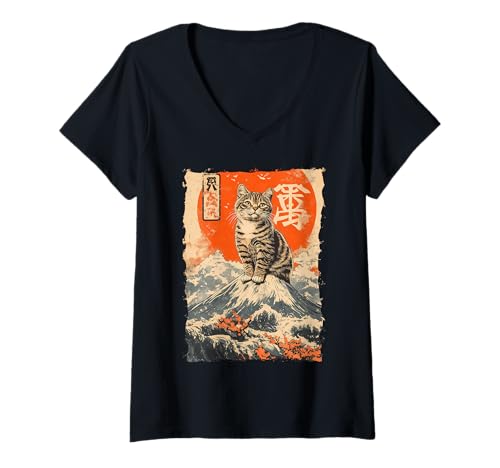 Damen Fuji-Katze in Japan mit Kawaii Sonnenuntergang – Chill Zen T-Shirt mit V-Ausschnitt von Kanji Süßes Schlaf-Tier-Geschenk In Tokio