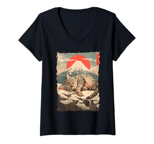 Damen Fuji-Katze in Japan mit Kawaii Sonnenuntergang – Chill Zen T-Shirt mit V-Ausschnitt von Kanji Süßes Schlaf-Tier-Geschenk In Tokio