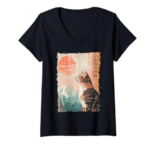 Damen Fuji-Katze in Japan mit Kawaii Sonnenuntergang – Chill Zen T-Shirt mit V-Ausschnitt von Kanji Süßes Schlaf-Tier-Geschenk In Tokio