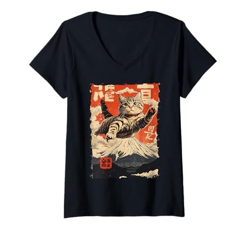 Damen Fuji-Katze in Japan mit Kawaii Sonnenuntergang – Chill Zen T-Shirt mit V-Ausschnitt von Kanji Süßes Schlaf-Tier-Geschenk In Tokio