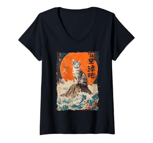Damen Fuji-Katze in Japan mit Kawaii Sonnenuntergang – Chill Zen T-Shirt mit V-Ausschnitt von Kanji Süßes Schlaf-Tier-Geschenk In Tokio