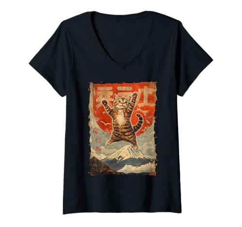 Damen Fuji-Katze in Japan mit Kawaii Sonnenuntergang – Chill Zen T-Shirt mit V-Ausschnitt von Kanji Süßes Schlaf-Tier-Geschenk In Tokio