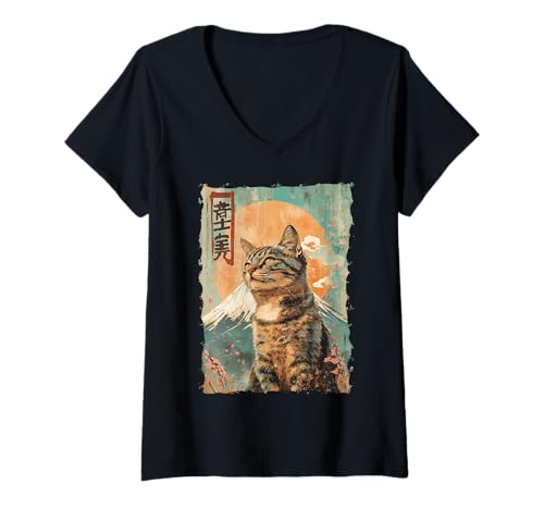 Damen Fuji-Katze in Japan mit Kawaii Sonnenuntergang – Chill Zen T-Shirt mit V-Ausschnitt von Kanji Süßes Schlaf-Tier-Geschenk In Tokio