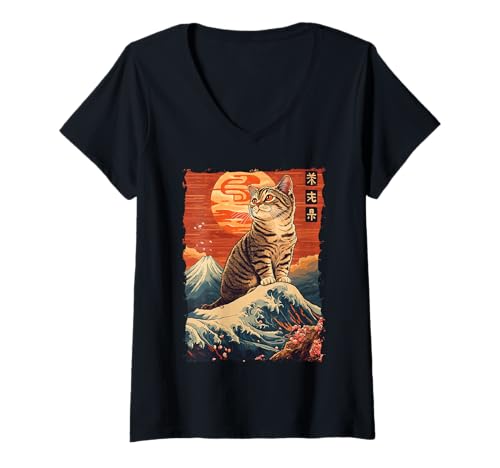 Damen Fuji-Katze in Japan mit Kawaii Sonnenuntergang – Chill Zen T-Shirt mit V-Ausschnitt von Kanji Süßes Schlaf-Tier-Geschenk In Tokio