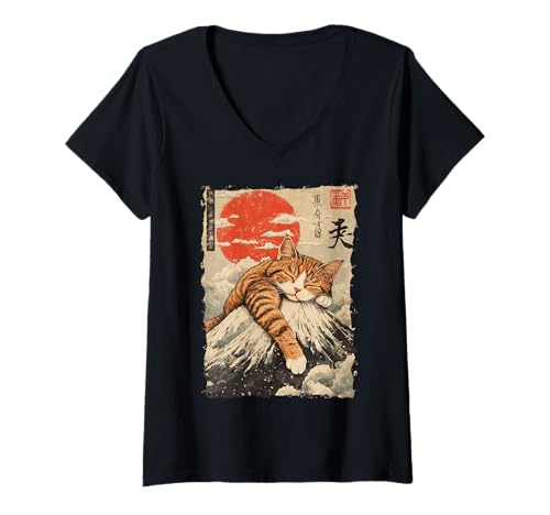 Damen Fuji-Katze in Japan mit Kawaii Sonnenuntergang – Chill Zen T-Shirt mit V-Ausschnitt Damen Fuji-Katze in Japan mit Kawaii Sonnenuntergang – Chill Zen T-Shirt mit V-Ausschnitt von Kanji Süßes Schlaf-Tier-Geschenk In Tokio
