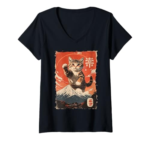 Damen Fuji-Katze in Japan mit Kawaii Sonnenuntergang – Chill Zen T-Shirt mit V-Ausschnitt von Kanji Süßes Schlaf-Tier-Geschenk In Tokio