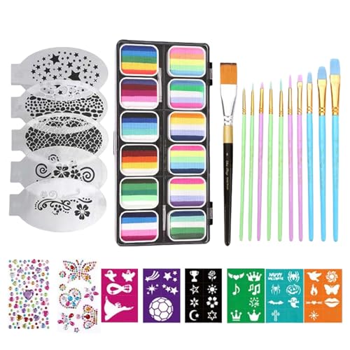 Kanoauo Gesichtsfarbe - Schmink Set | 12-Fach Palette Mit Pinseln Schablonen Strasssteinen Für Kinder Jugendliche Erwachsene von Kanoauo