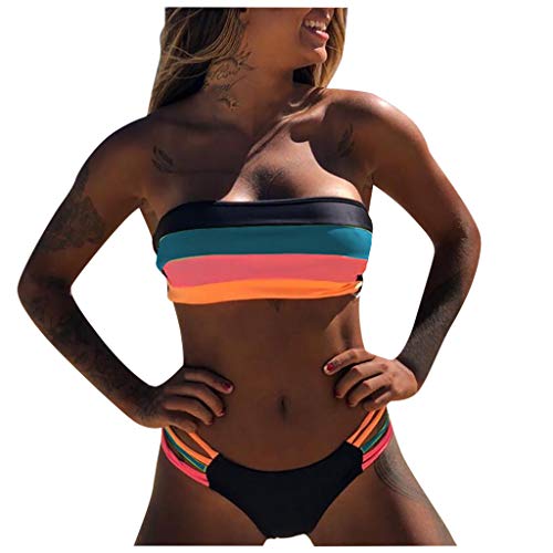 Bandeau Bikini Damen Set Push Up Sexy Bademode Bunt Gestreift TräGerloser Badeanzug Zweiteilig Gepolstert Schwimmanzug Kanpola von Kanpola Bademode