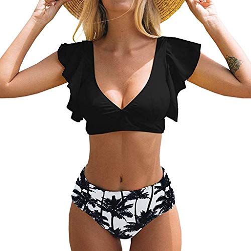 Kanpola Bademode Tankini Damen Set High Waist Bikini Mit RüSchen Badeanzug, Blumenmuster Beachwear Sexy V-Ausschnitt Bikini Oberteil von Kanpola Bademode