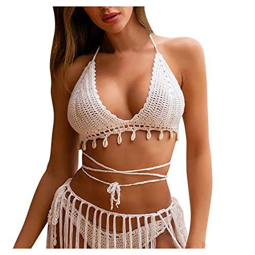 Kanpola Bikini Set Damen Stricken Triangel Bademode Sexy Neckholder Swimsuit Zweiteiliger Badeanzug Vintage Boho Schwimmanzug Strandmode mit Schnürung von Kanpola Bademode