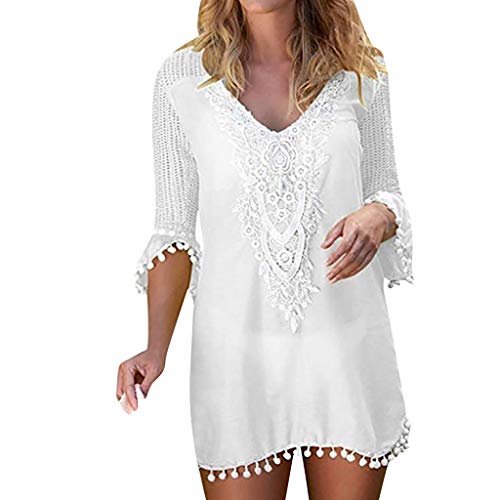 Kanpola Boho Strandkleid Damen Strandtunika Luftige Sommerkleider Kurz Bikini Cover Up Elegant V-Ausschnitt Beachkleider Lose T-Shirt-Kleid von Kanpola Bademode