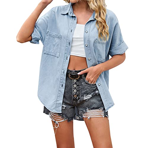 Damen Jeanshemd Kurzarm Shirt Bluse Sommer Oberteile Revers Denim Shirts mit Knopf Retro T-Shirt Hemdbluse Lose Lässig Jeansbluse Sommershirt Tops Damen Jeanshemd Kurzarm Shirt Bluse Sommer Oberteile Revers Denim Shirts mit Knopf Retro T-Shirt Hemdbluse Lose Lässig Jeansbluse Sommershirt Tops von Kanpola Damen Sweatshirts